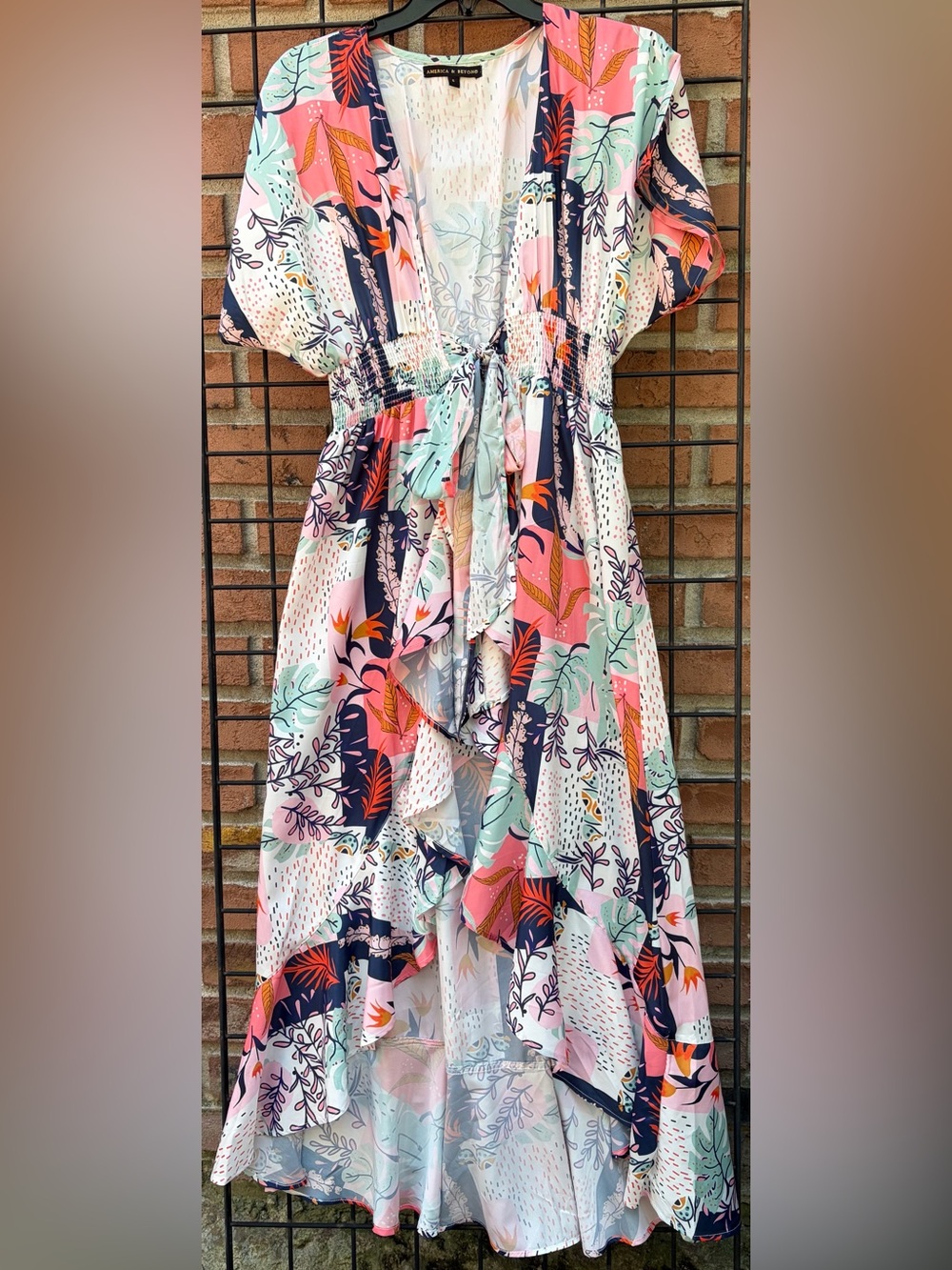 Floral Tie-Front Ruffle Kimono in Pink, Navy & Mint
